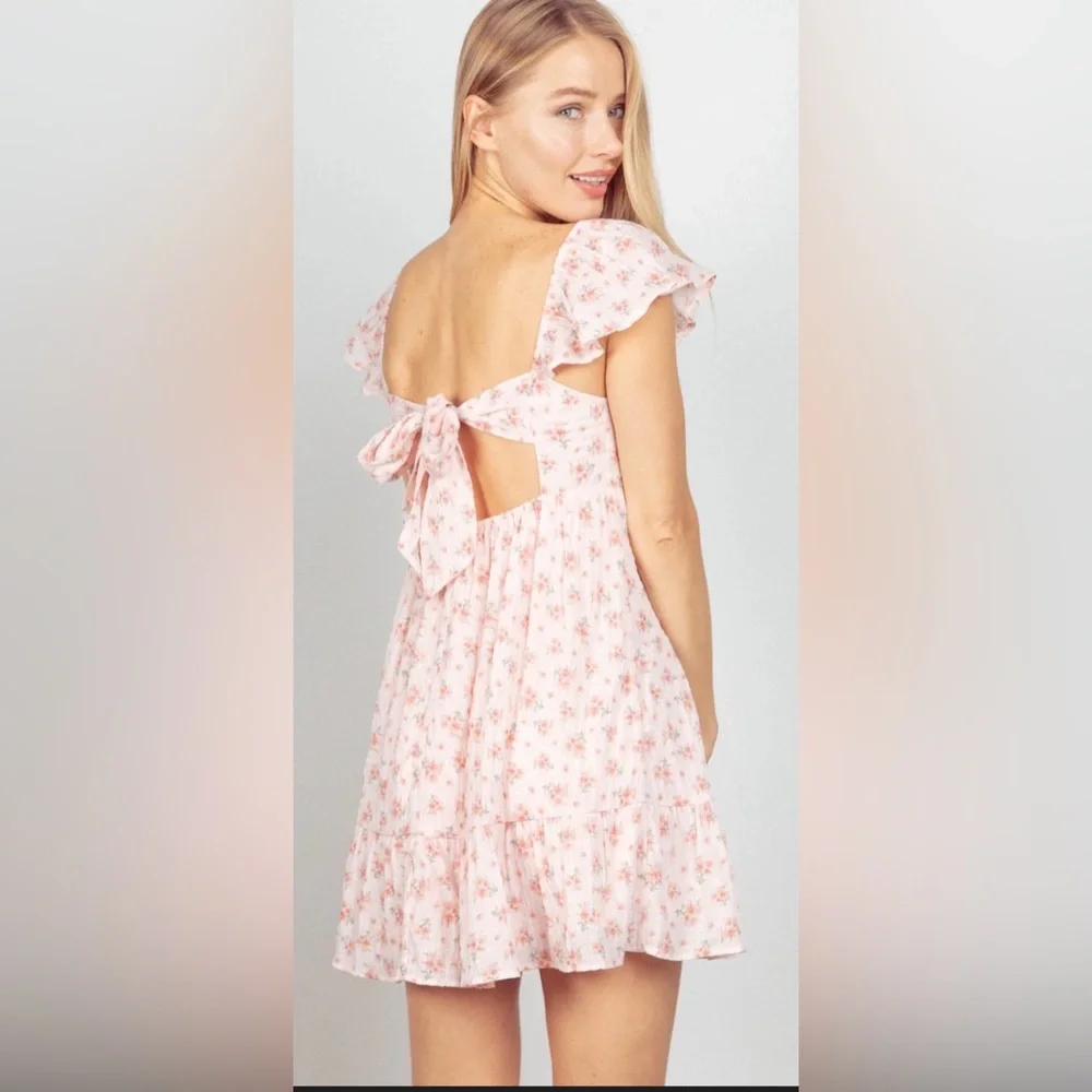 NWT Very J XL Floral Sweetheart Mini Dress Open Back Tie Ruffle Sleeve - Picture 3 of 4